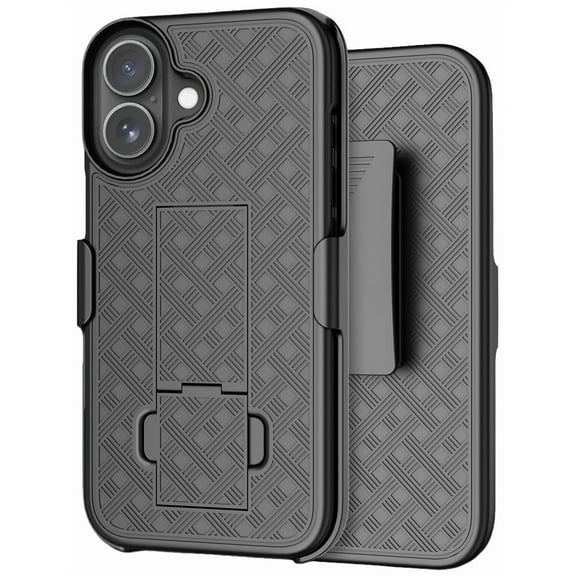 Case with Clip for iPhone 17, Nakedcellphone Slim Hard Shell Phone Cover with Kickstand and [Rotating/Ratchet] Belt Hip Holster Holder Combo - Black