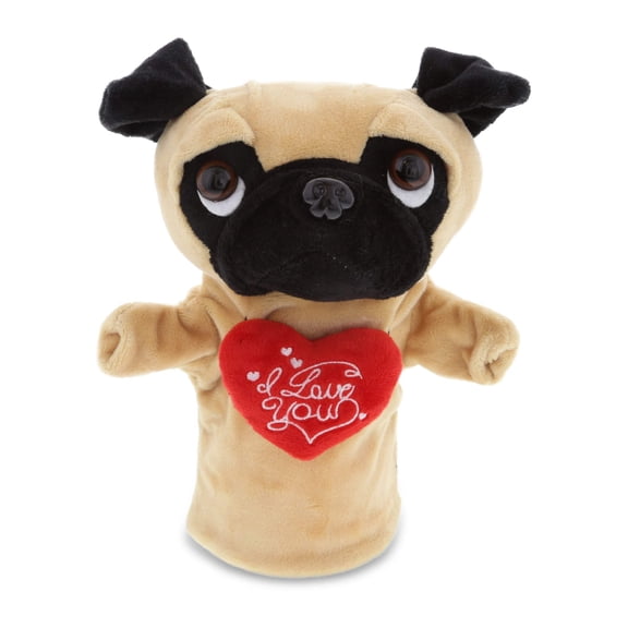 DolliBu I LOVE YOU Dog Pug Plush Hand Puppet with Heart - 11.5 inch