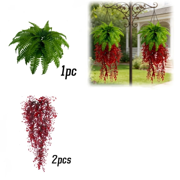 Artificial Hanging Fern and Red Trailing Vine Set, Fake Persian Leaf Basket Foliage, Outdoor Indoor Simulated Greenery for Wall Porch Decor
