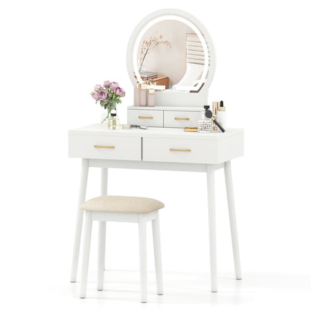 Small Makeup Dressing Table Vanity Set with Round 3‑Color Dimmable LED Lighted Mirror 4 Storage Drawers Solid Wood Legs and Cushioned Stool for Compact Bedroom White