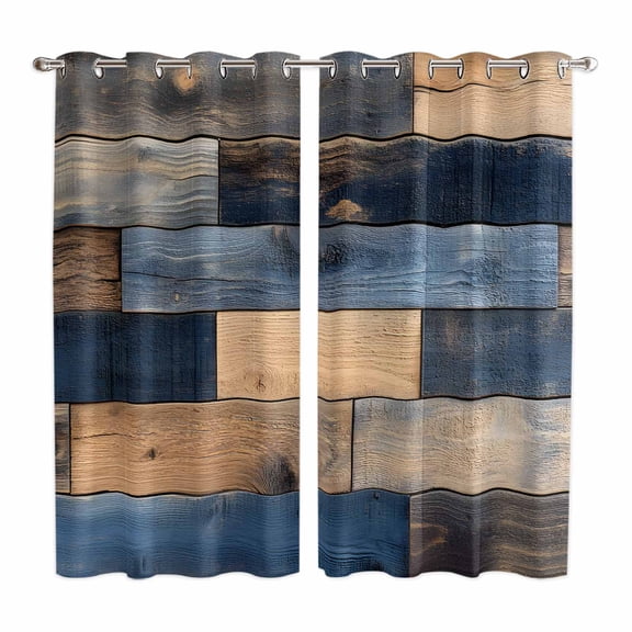 Navy Blue Brown Wood Kitchen Curtains 84 Inch Length, Farmhouse Vintage Wooden Grommet Top Bedroom Living Room Curtains, Light Filtering Cafe Curtain Drapes 2 Panels Set 104''x84''