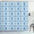 thumbnail image 1 of Ethnic Shower Curtain, Hippie Design Inspired by Asian Culture Grunge Folk and Geometric Motif, Fabric Bathroom Set with Hooks, 69W X 84L Inches Extra Long, Navy Blue and White, by Ambesonne, 1 of 3