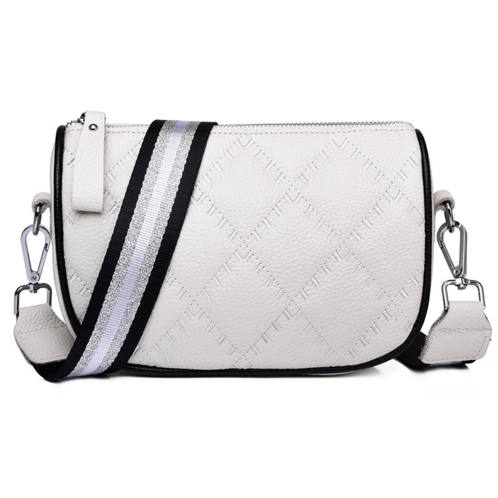 Leather Crossbody Bag Women's Shoulder Bag Small Handbag Modern Bags with  Wide Shoulder Strap Bags for Women with 2 Interchangeable Shoulder Straps(White)  