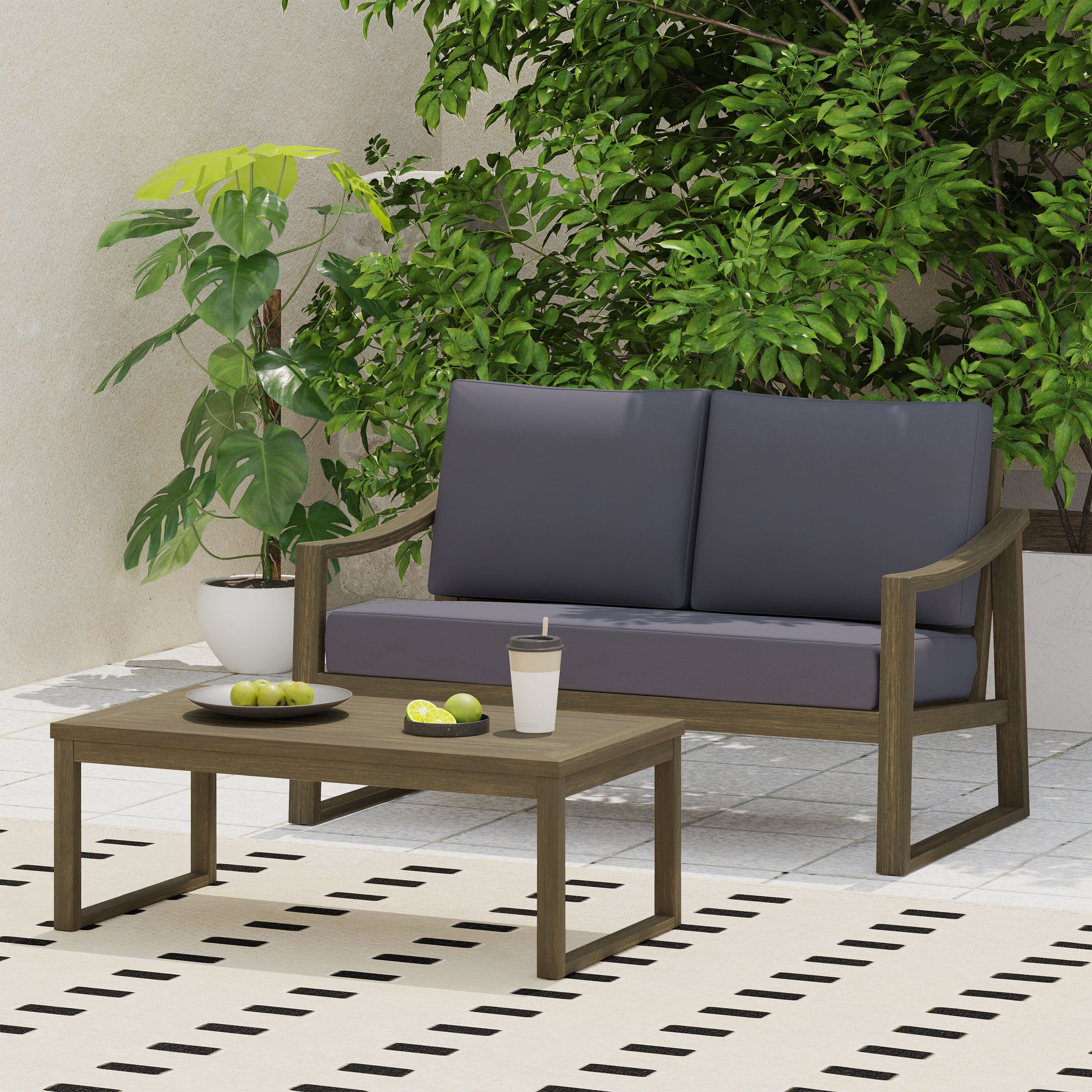 Outdoor Coffee Table and Double Sofa Combination Set, Acacia Wood Frame Leisure Furniture for Patio Garden, Gray and Dark Gray