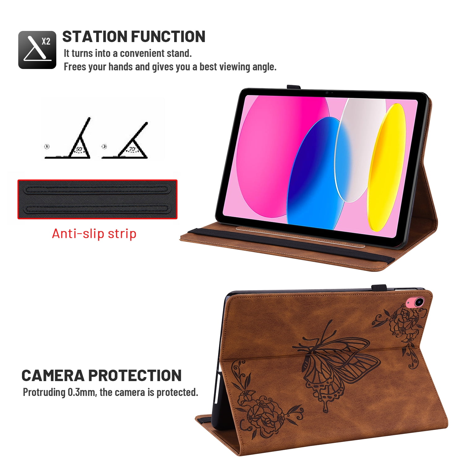 Dteck Smart Folio Case for Apple iPad (10th generation), Embossed Butterfly PU Leather Flip Stand Cover with Card Slots Pencil Holder Auto Wake Sleep Case for iPad 10th Gen 10.9" 2022,Brown