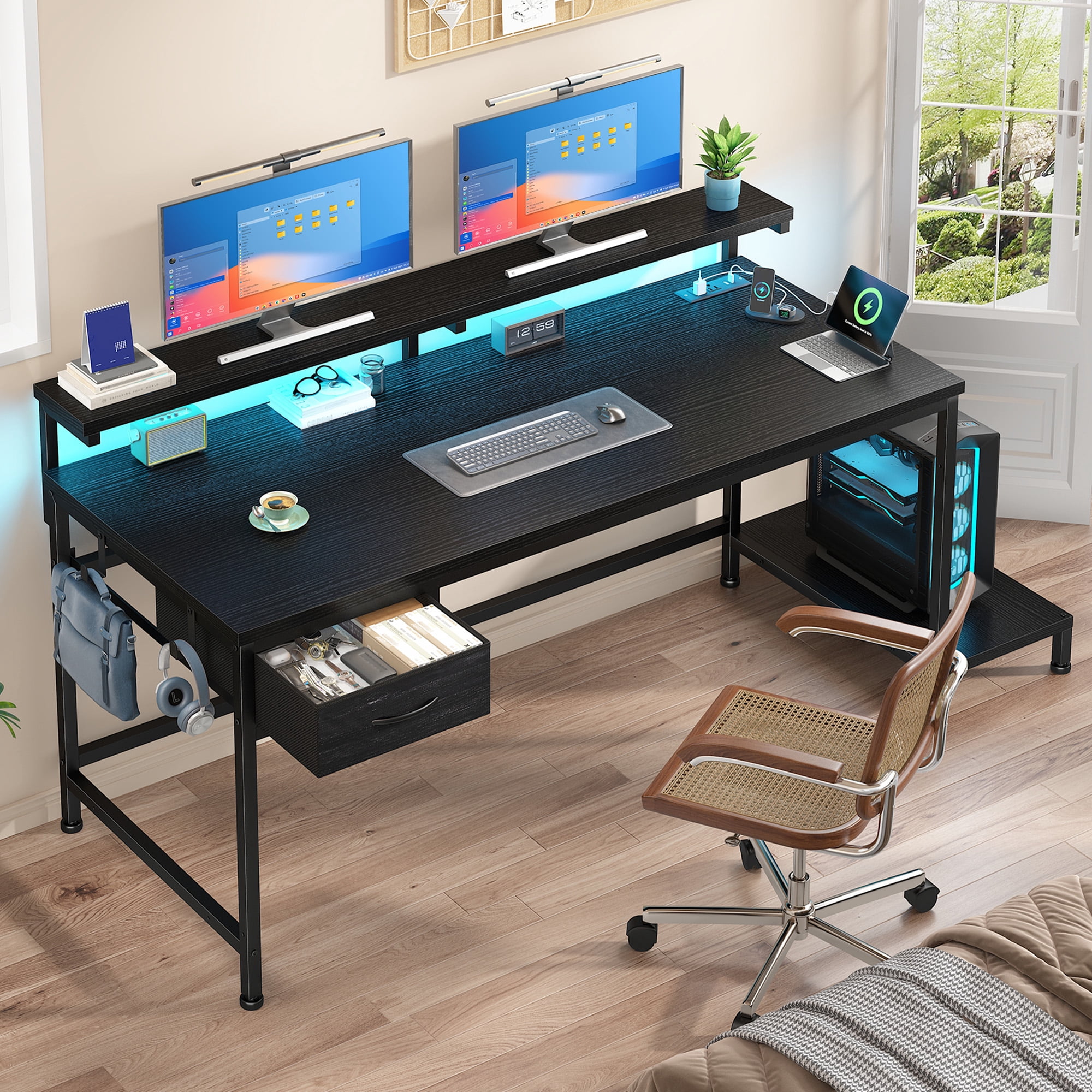 Romorgniz Gaming Desk with Power Outlet, Fabric Drawer & RGB LED Lights, Black Computer Desk with Adjustable Monitor Stand & CPU Holder for Home Office