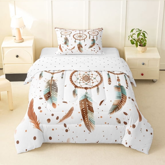 Homewish Dreamy Boho Dreamcatcher Twin Comforter Sets,Watercolor Feathers Bedding Set,Reversible,2-Piece,1 Comforter and 1 Pillowcase