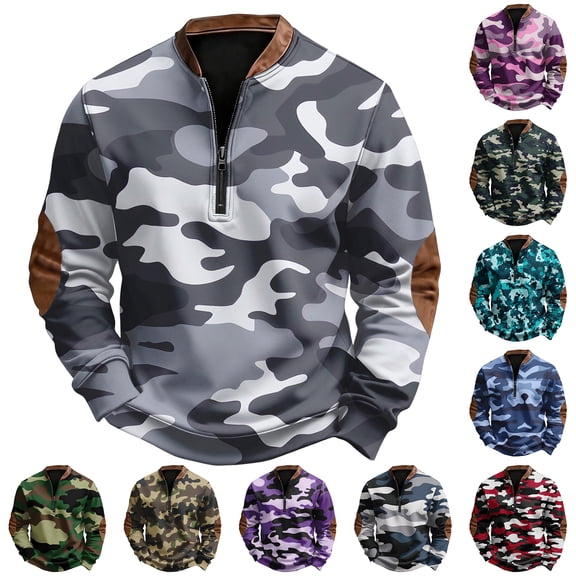 Men's Casual Sweatshirt American Camouflage Print Round Neck Long Sleeve Half Pullover for Winter Outdoor Wear,Army Green,L
