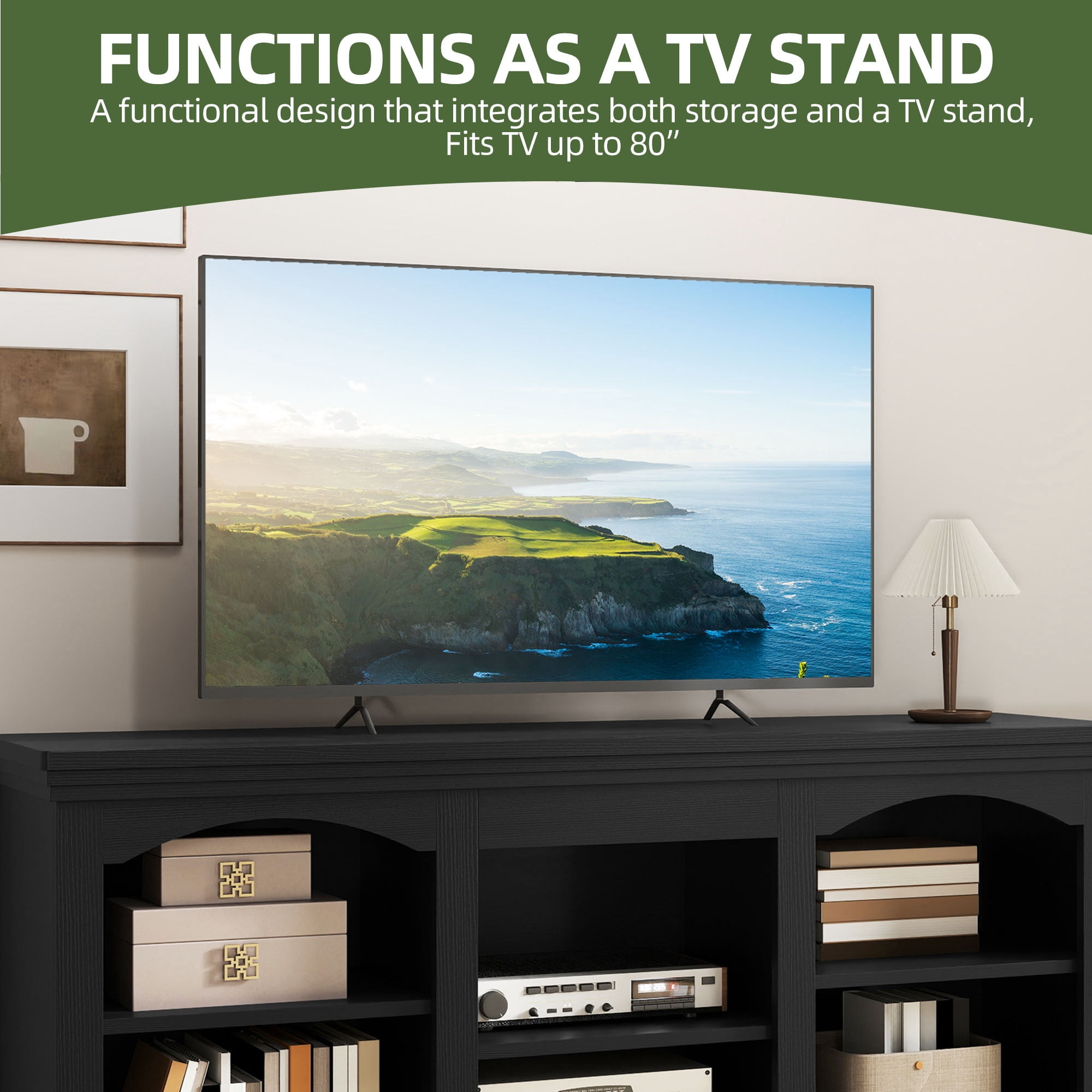 Uforic 59" TV Stand for 65 Inches TV, Farmhouse Entertainment Center with Adjustable Shelf & Storage Cabinets, Black
