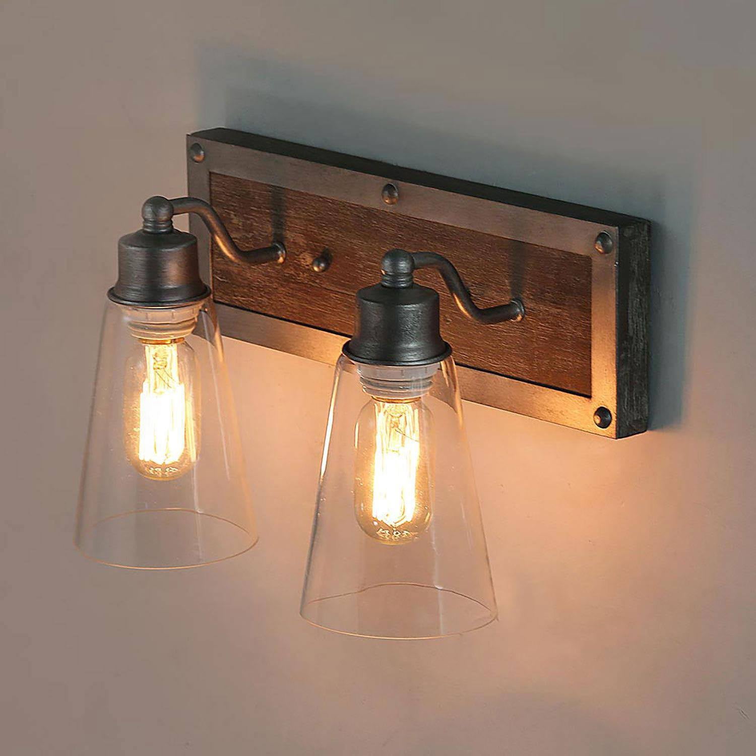 LNC Sabrina 14-in Antique Silver and Distressed Wood Bathroom Vanity Light, Farmhouse, 2-Light