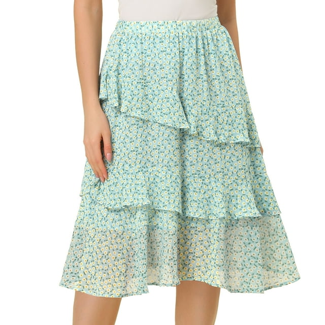 INSPIRE CHIC Women's Elastic Waist Midi Layered Chiffon Skirt Green M