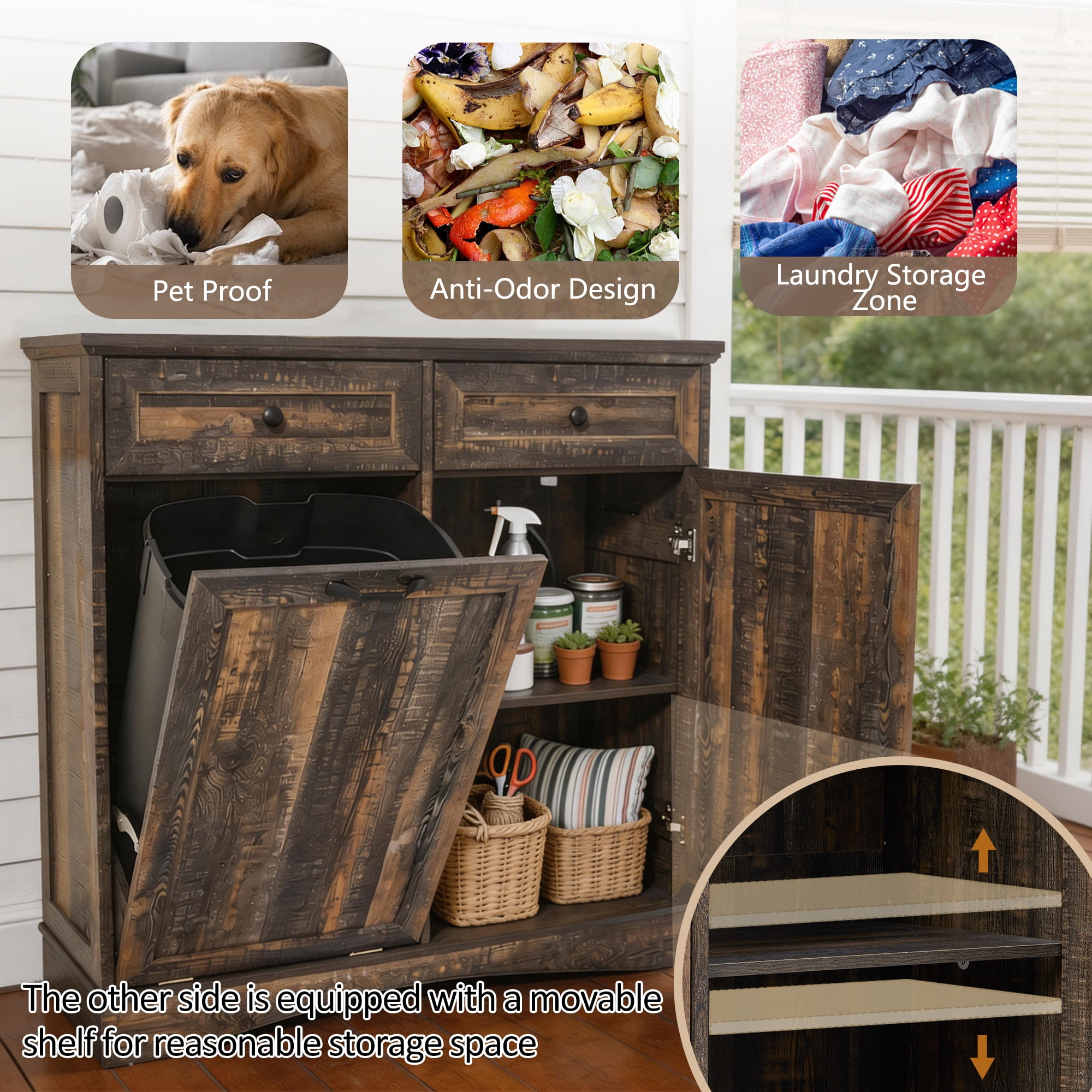 AHB 13 Gallon Single Tilt Out Trash Cabinet with Shelf, Kitchen Trash Can Storage Organizer, 39.4"L x 14"W x 38.3"H, Black