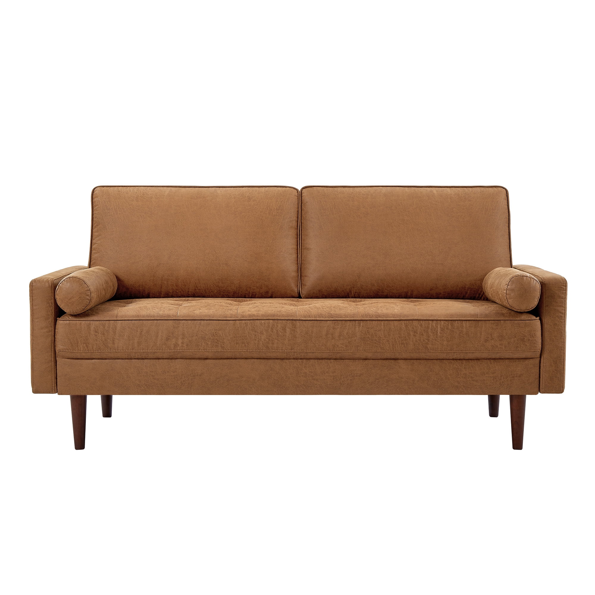 Homfa 2 Seat Leather Sofa with 2 Pillow, 57.5" Mid-Century Modern Loveseat Sofa Upholstered Tufted Couch Small Spaces Furniture for Living Room, Camel