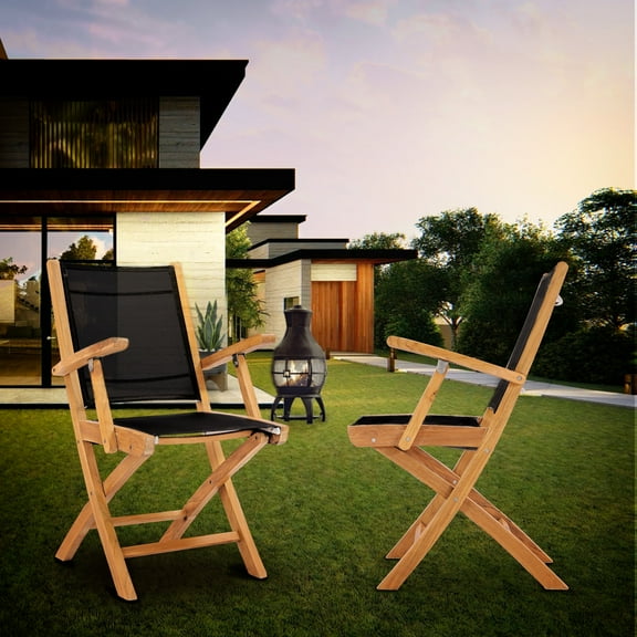 Teak Wood Wood Miami Folding Outdoor Patio Dining Arm Chair, A-Grade Teak Wood and Batyline Black (Set of 2)