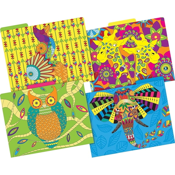 Barker Creek Designer File Folder Set of 24, Bohemian Animals, Multi-Design Set with Boho Animals on Outside, Solid Colors on Inside, 24 Decorative Letter-Sized File Folders in Set (3963)