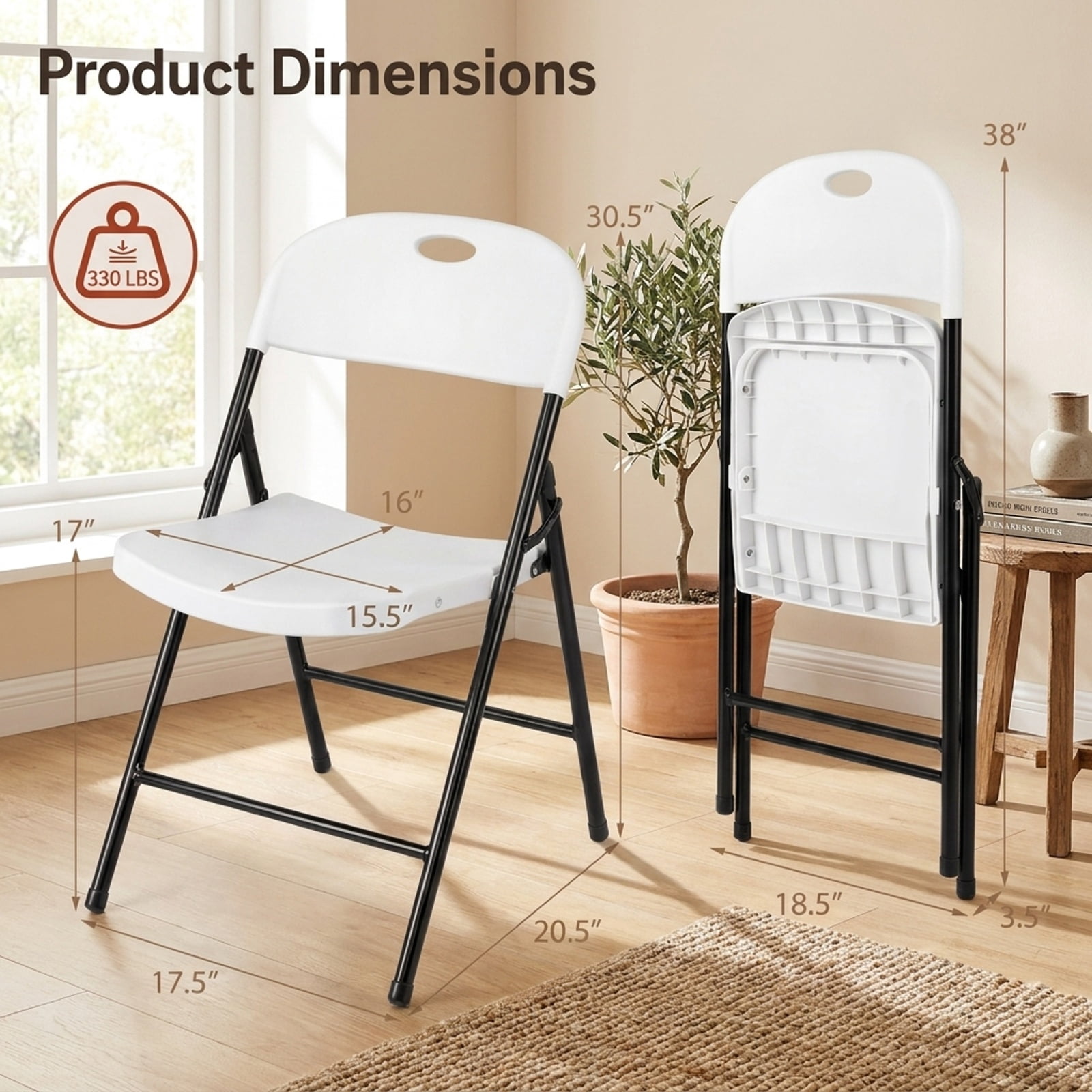 Furnibear Set of 6 Foldable Plastic Chairs with Ergonomic Backrest for Kitchen Dining Room Living Room Home, White