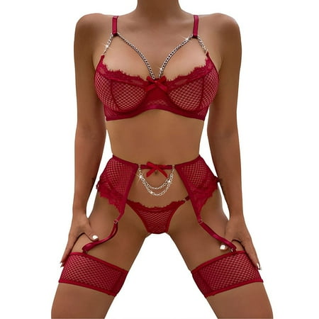 

4 Piece Lingerie Set with Garter Belt Lace Underwire Bra and Panty Sets