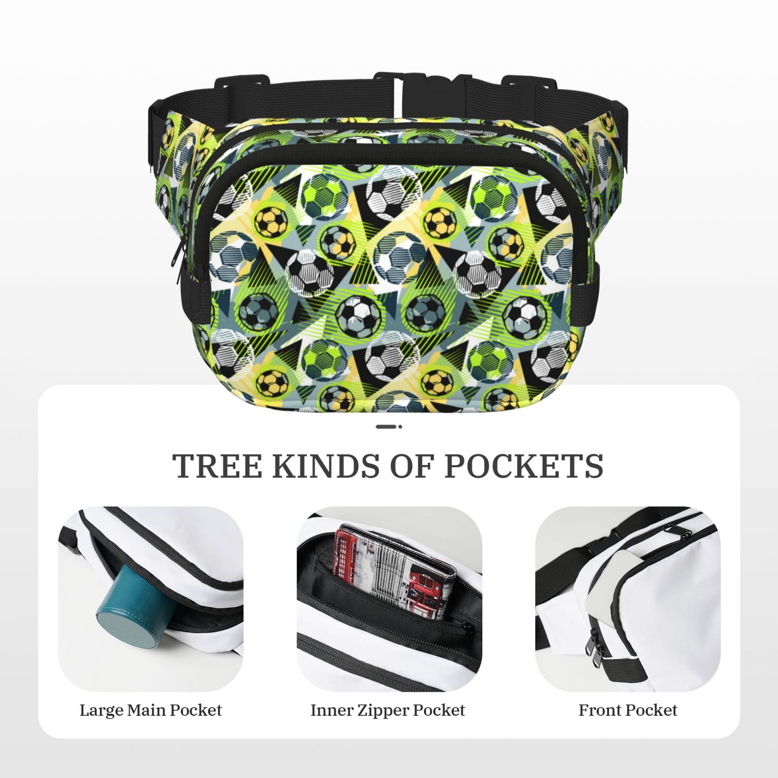 Picia Football Doodle Print Square Double-Layer Waist Bag Mini Adjustable Waist Belt Bag Exercise Running Travel Hiking