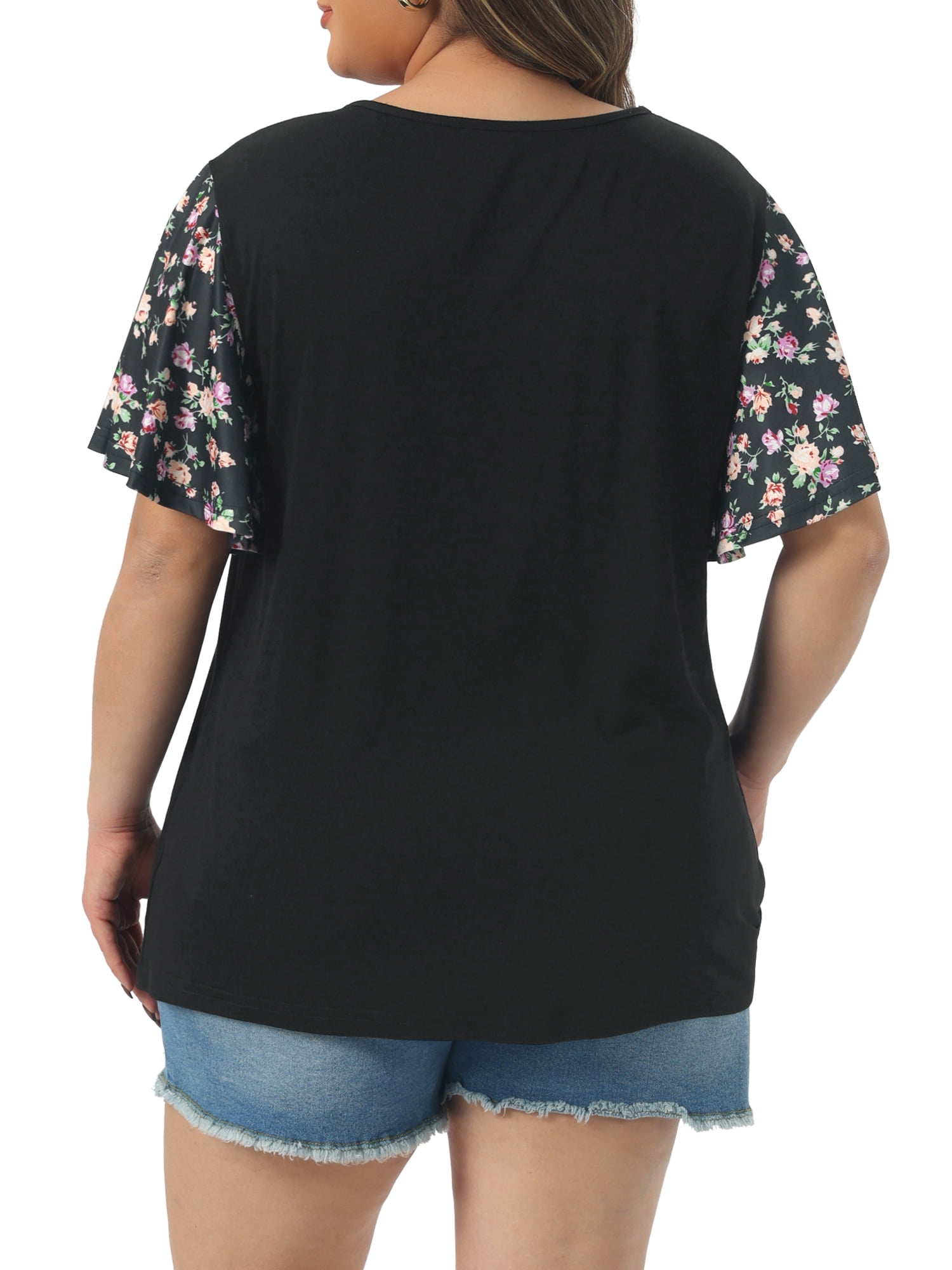 DARING DIVA Women's Plus V Neck Floral Flutter Sleeve Blouse Casual 4X Black