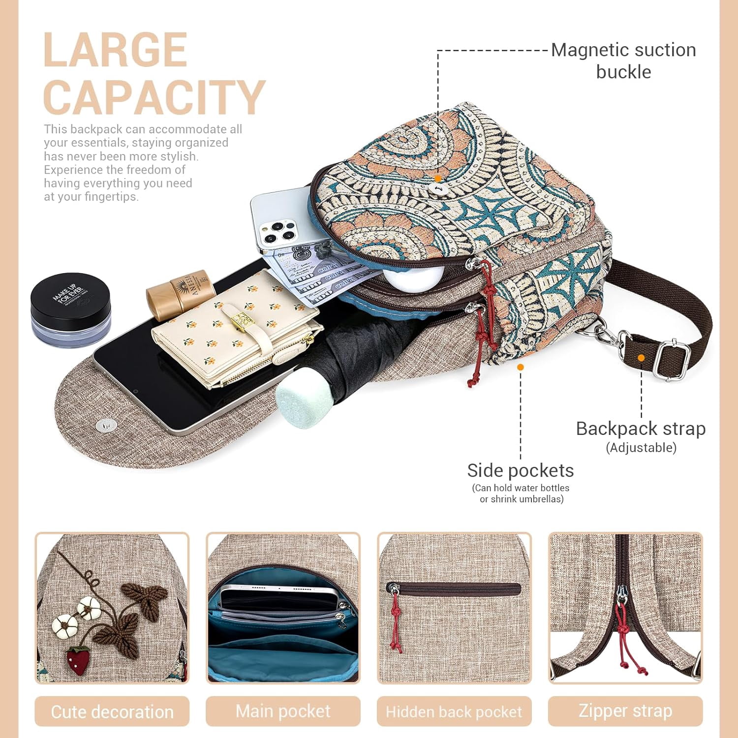 Backpack for Women, Boho Crossbody Sling Bags for Women with Cute Hand-woven Pattern Mini and Small Backpack (Flower)