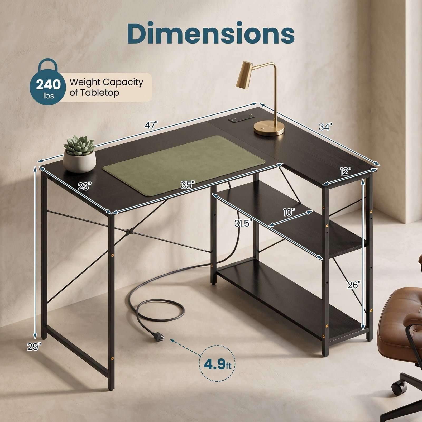 Furnibear L Shaped Desk with Charging Station and Adjustable Shelves, 47 Inch Reversible Corner Computer Desk for Home Office, Black