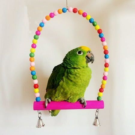 Wooden Hammock Swing Moaere Bird Swing Toys Colorful Wood Beads Bells Wooden Hammock Hanging Perch Small Parakeet Cages Decorative Accessories ()