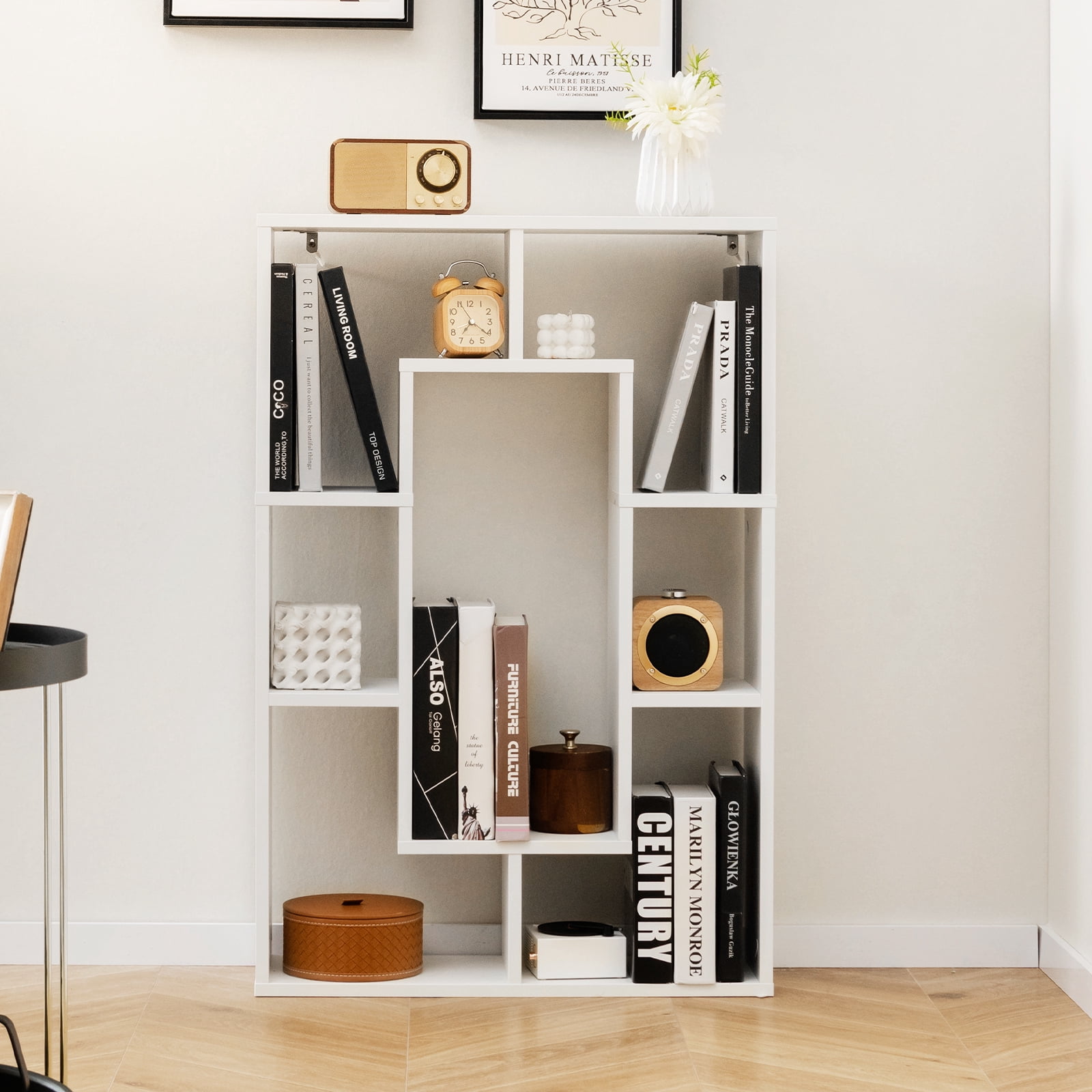 Topbuy 35.5” Geometric Bookshelf Open-back Bookcase w/ 7 Cubes Free-standing Storage Shelf Unit w/ Anti-Toppling Devices White