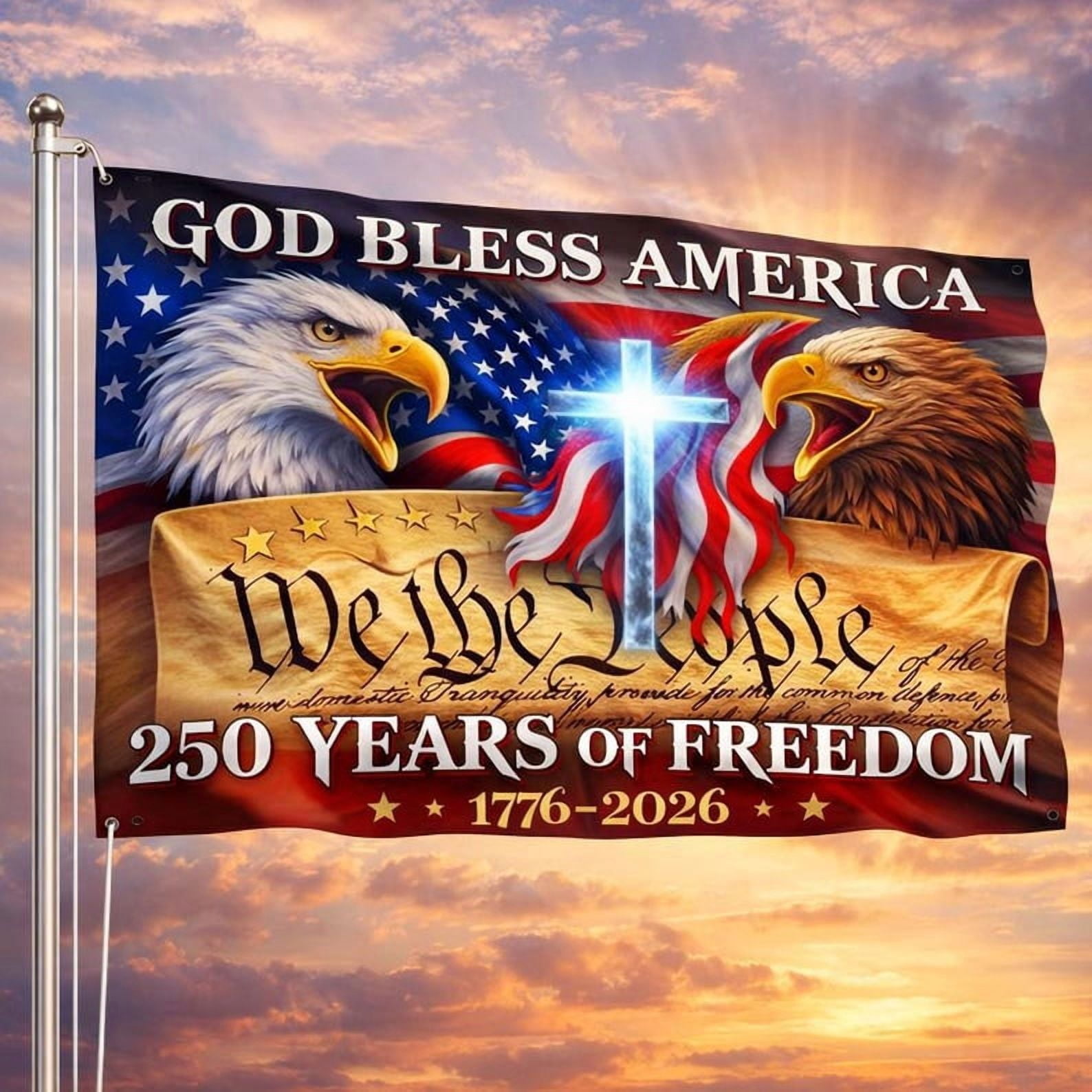 250 Years God Bless America 3x5ft Flag 1776–2026, USA 250th Anniversary Patriotic Banner, Commemorative Semiquincentennial Outdoor Decor, Single-Sided