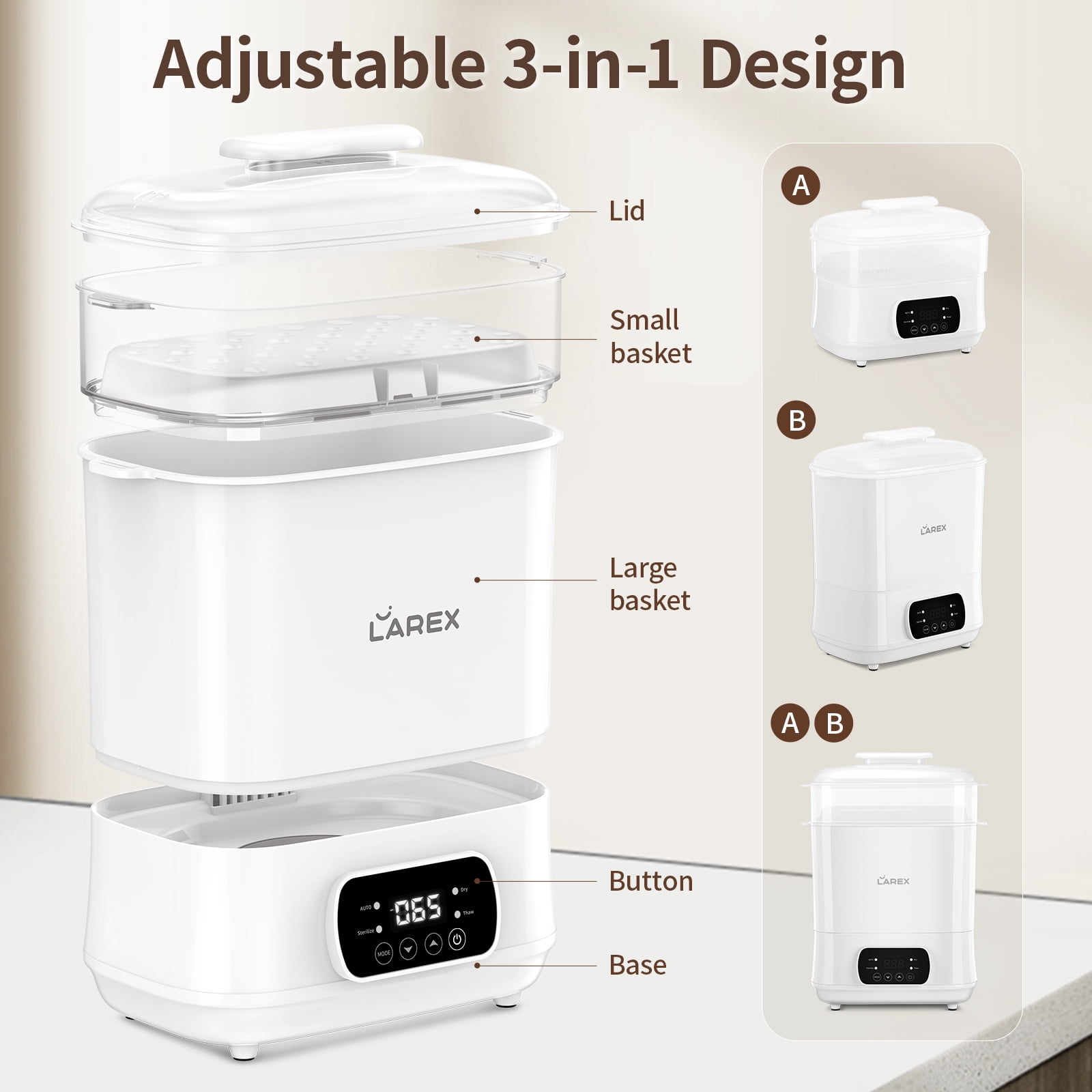 LAREX Bottle Sterilizer and Dryer, 3-In-1 Electric Steam Baby Bottle Sterilizer for Baby Bottles