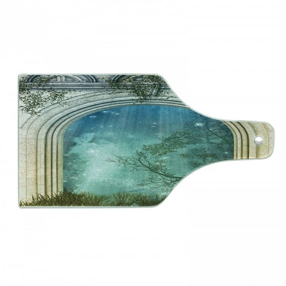 Mystic Cutting Board, Magic Curved Door in the Forest Mystic Mysterious Surreal Nature World Print, Decorative Tempered Glass Cutting and Serving Board, Wine Bottle Shape, Blue Beige, by Ambesonne