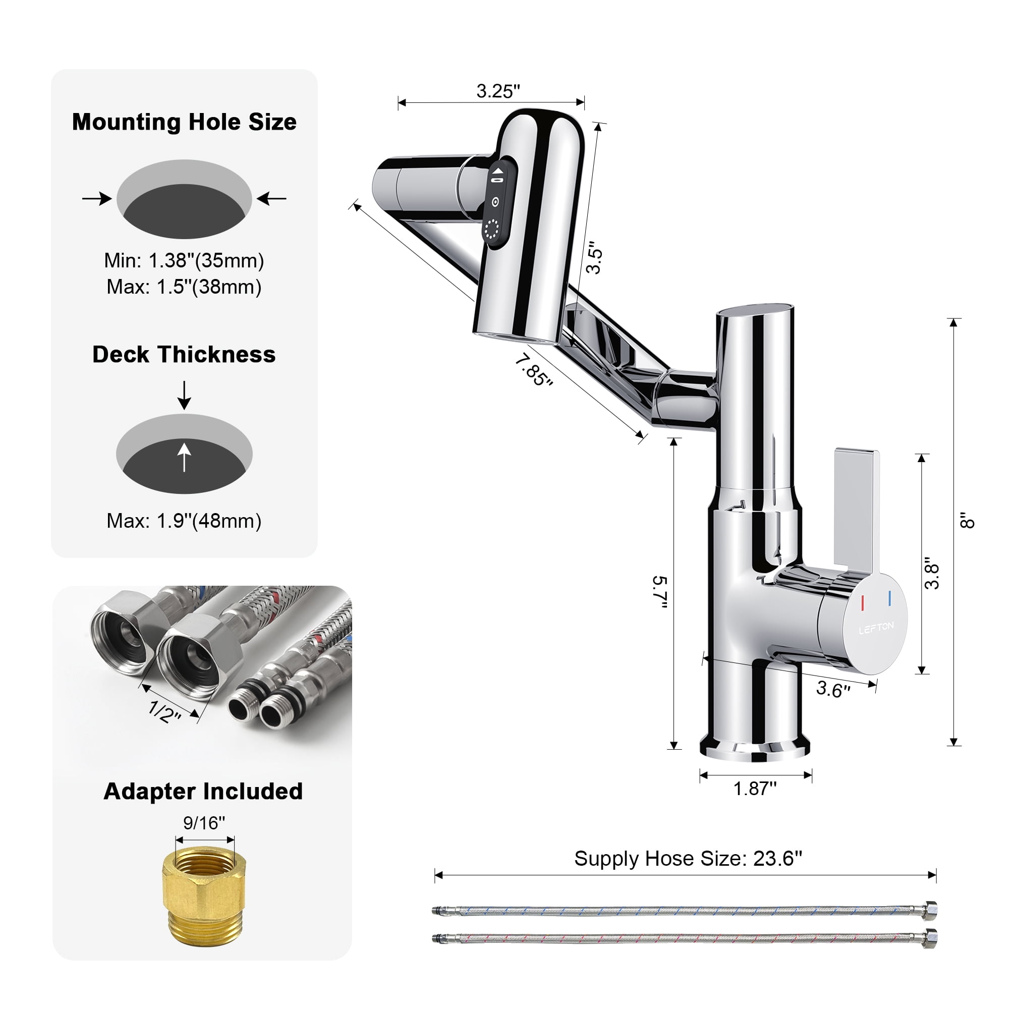 Lefton Rotatable Bathroom Faucet with Temperature Display in Fahrenheit (Batteries-Free), 3 Water Outlet Modes, Chrome, BF2204-1