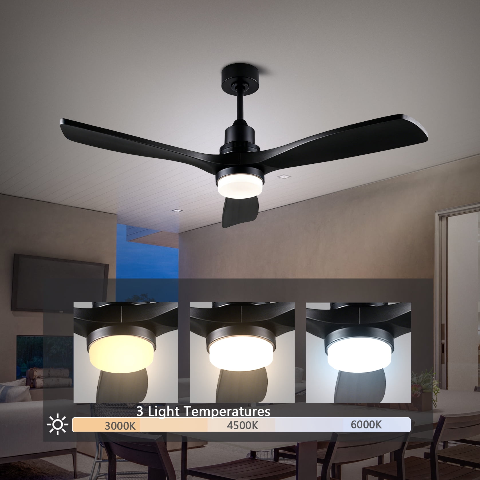 Mintazer 52 in Ceiling Fan with Lights and Remote, Modern Ceiling Fan with 6 Speed & 3 Blade for Farmhouse Bedroom Living Room Gazebo Patio, Black