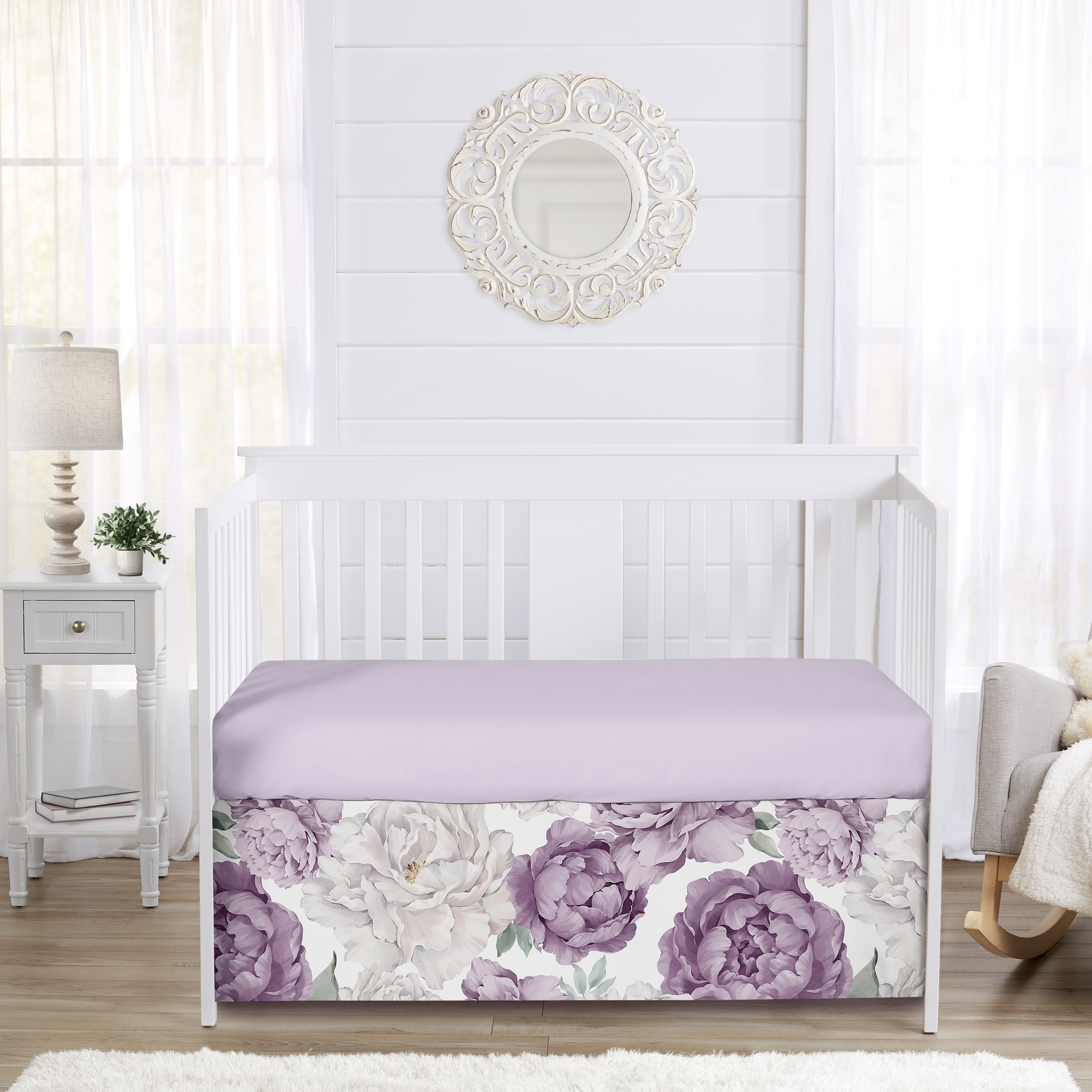 Peony Floral Garden Lavender Purple and Ivory Dust Ruffle Crib Skirt Girl by Sweet Jojo Designs