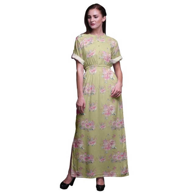 Bimba Robe Longue Maxi en Rayonne Imprimée de Roses et Renoncules pour Femmes avec Fente Latérale-TTTG