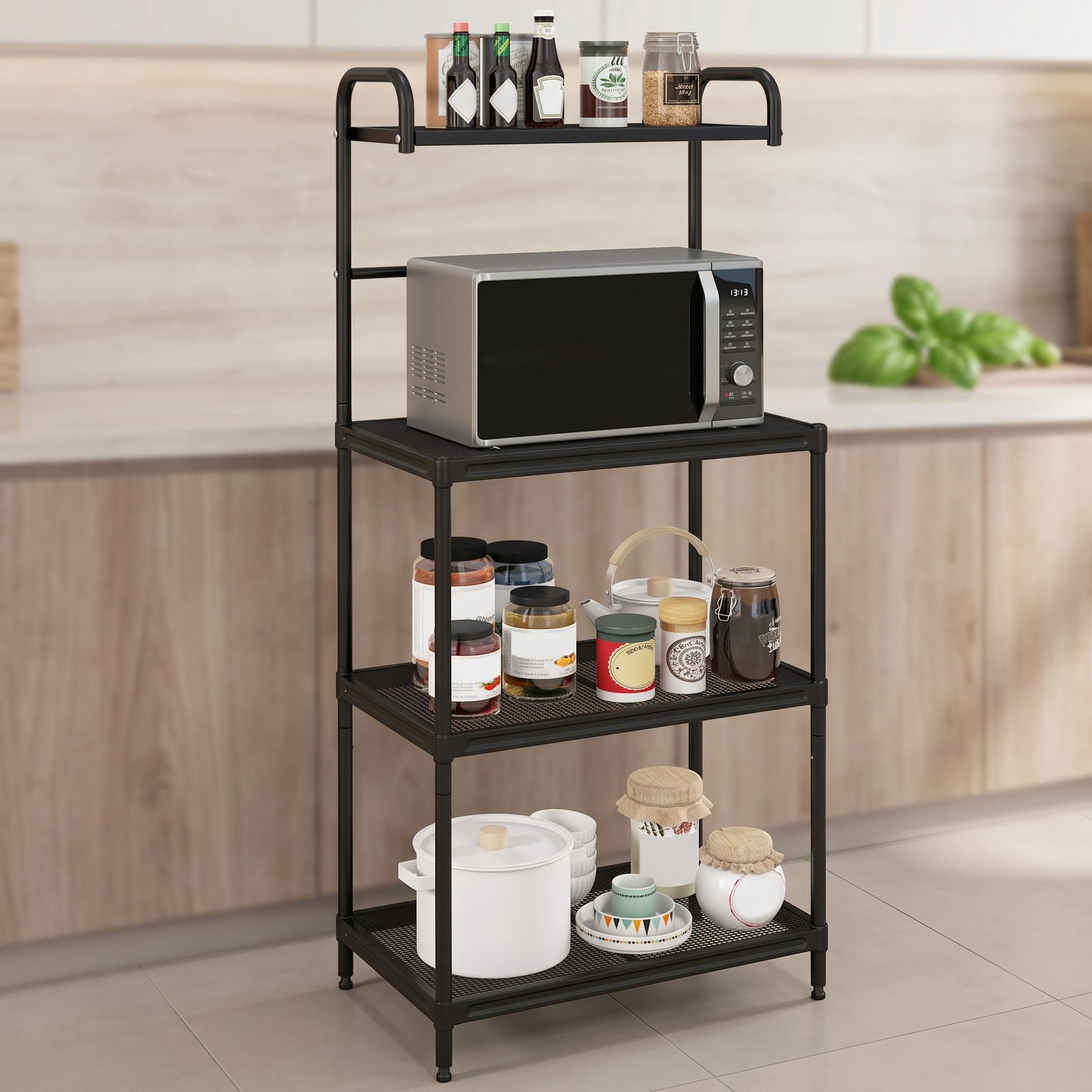 RUIE 4-Tier Kitchen Microwave Storage Rack, Freestanding Baker's Rack Organizer with Metal Shelves, Heavy-Duty Iron Utility Stand for Pantry Living Room, Black