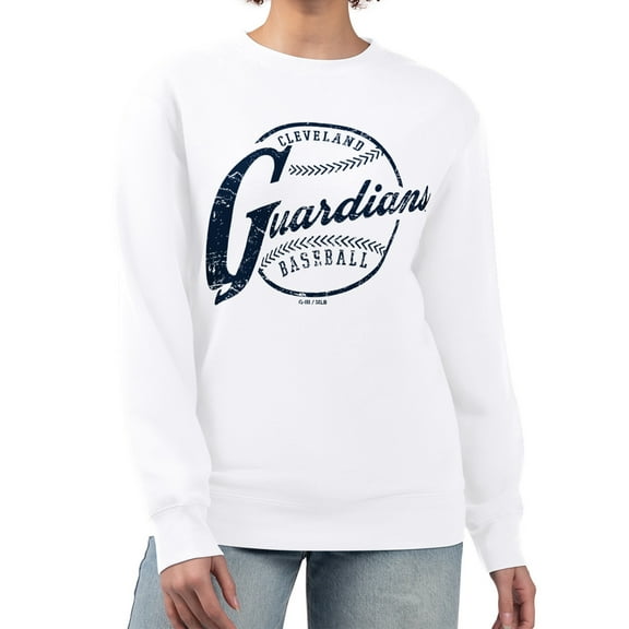 Women's G-III 4Her by Carl Banks White Cleveland Guardians Distressed Baseball Team Fleece Pullover Sweatshirt