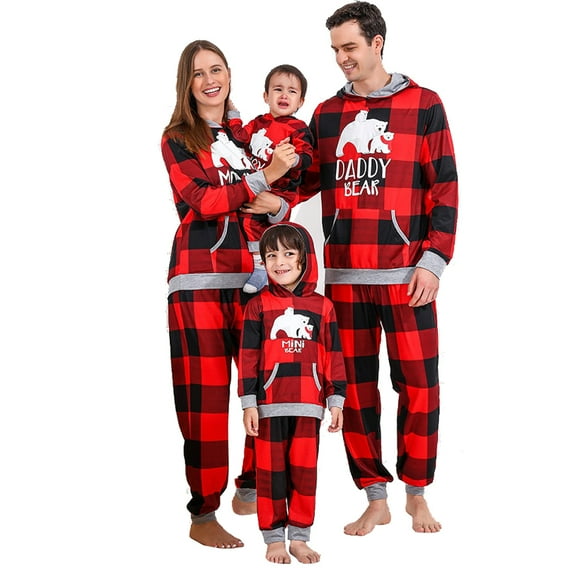 URMAGIC Family Matching Pajamas Set Christmas Polar Bear Plaid Hoodie Pants Loungewear