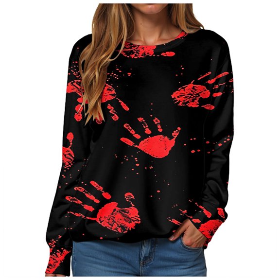 Duqingm Halloween Shirts for Women 2026 Novelty Funny Print Gothic Tshirts Long Sleeve Crewneck Tops,L