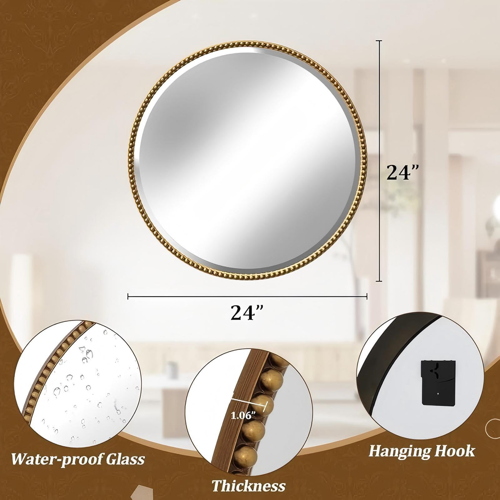 Mirrasia 24" Round Wall Mirror Decoration Hanging Mirror With Beaded Frame,Gold