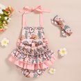 thumbnail image 4 of ZEHJUHAN Baby Girls' Ruffle Sleeveless Halter Romper + Headband Set, Bow Print Summer Outfit with Snap Closure Pink1，0-6M, 4 of 9