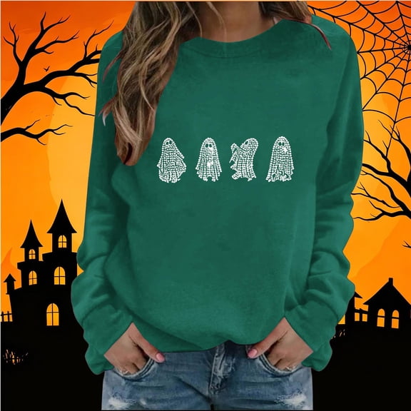 Yanchicy Womens Crew Neck Sweatshirt Long Sleeve Pullover Tops Thin Fleece Rhinestone Ghost Graphic Soft Loose Fall Halloween Clothes Spooky Season Outfit