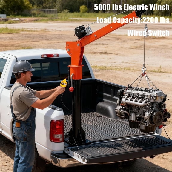 Folding Truck Crane, Jib Crane with 12V 5000Lbs Electric Hoist, 2200 LBS Load Alloy Steel Pickup Truck Crane, 360° Rotate Davit Crane for Site, Household Warehouse