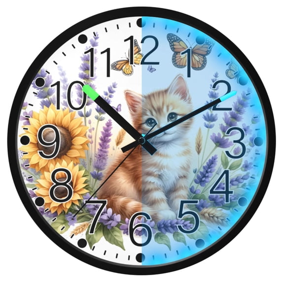 Ryvnso Cat on Lavender Flowers 12 Inch Night Light Wall Clock Silent Battery Operated Luminous Clocks