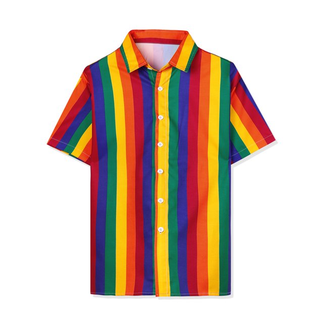INSPIRE CHIC Camisa de verano con estampado de rayas arcoíris para hombre, camisas de manga corta con botones Multicolor Amarillo L