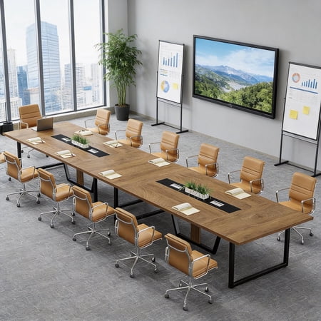 8FT Large Conference Table For 10 People Industrial Rectangular Meeting Table With 2 Cable Grommets Sturdy MDF Metal Frame For Home Office Studio Business (Light Brown)