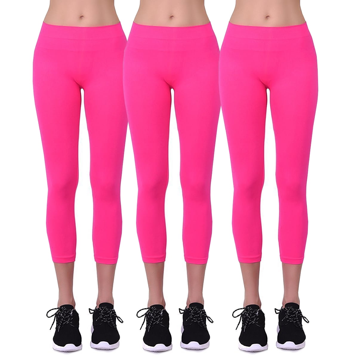 Women's Seamless Nylon Workout Active Solid Plain Capri One Size Leggings ( Black 3Packs) 