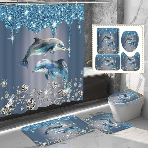 4Pcs Glitter Diamond Shower Curtain Sets,Green Butterfly Bathroom Sets with Shower Curtain and Mats,Bathroom Decor Mat Toilet Lid Cover and Non-Slip U Shape Mat with 12 Hooks, 72"x72"