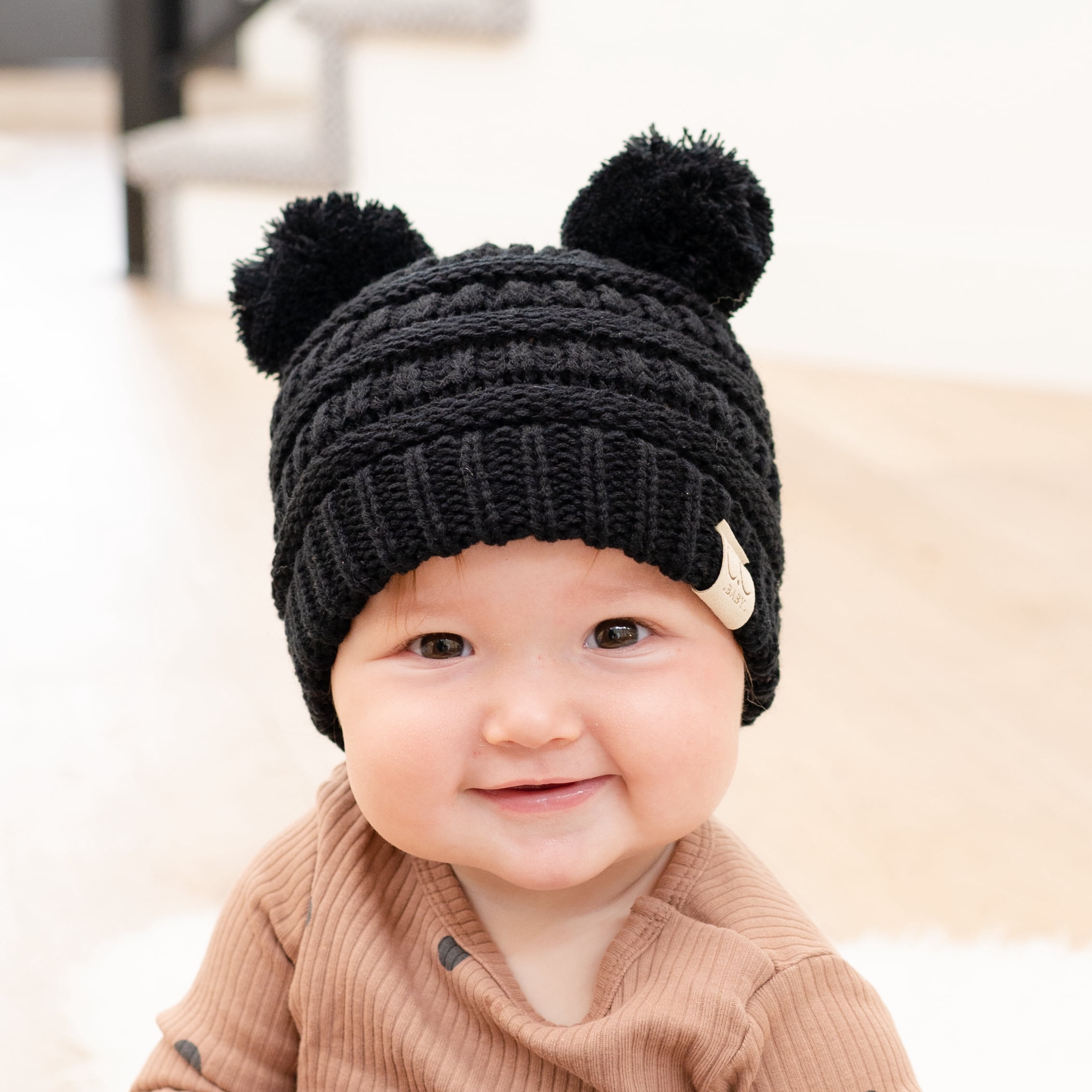 CC Baby Double Pom Cable Knit Yarn Pom Newborn to 9 Months Infant Beanie Black - Soft, Warm Hats for Babies and Toddlers - Cozy Winter Wear