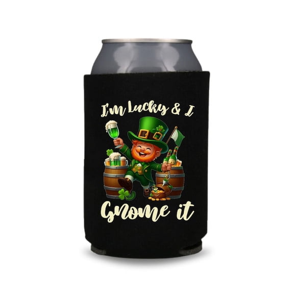 St. Patrick's Day Beer Coolie, I'm Lucky and I Gnome It, St. Patrick's Day Coolers, St. Funny Paddy's Day Party Gift, Drink Accessory (Black)