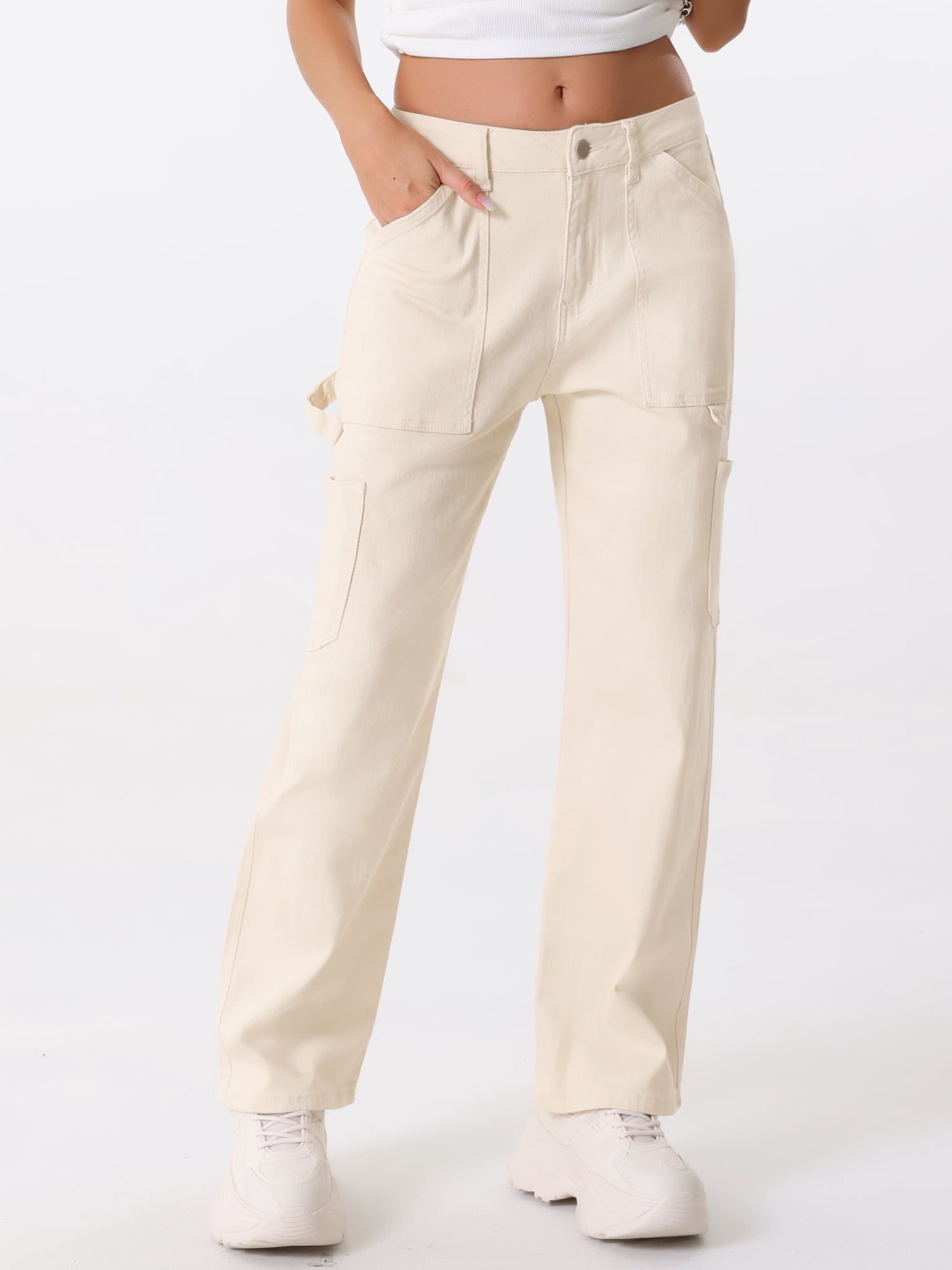 DARING DIVA Women's High Waist Baggy Y2K Street Cargo Pants with Pockets M Beige